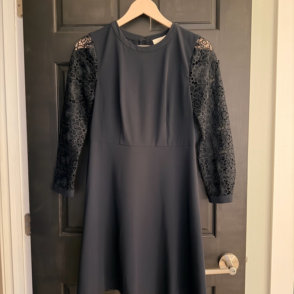 LOFT Navy Dress with Lace Sleeves